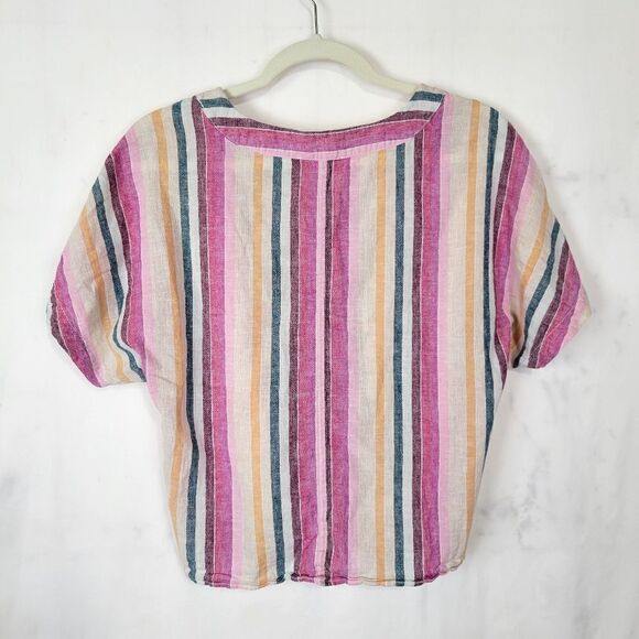 Beachlunchlounge Striped Linen Blend Button Tie Front Relaxed Fit Top - Picture 4 of 7